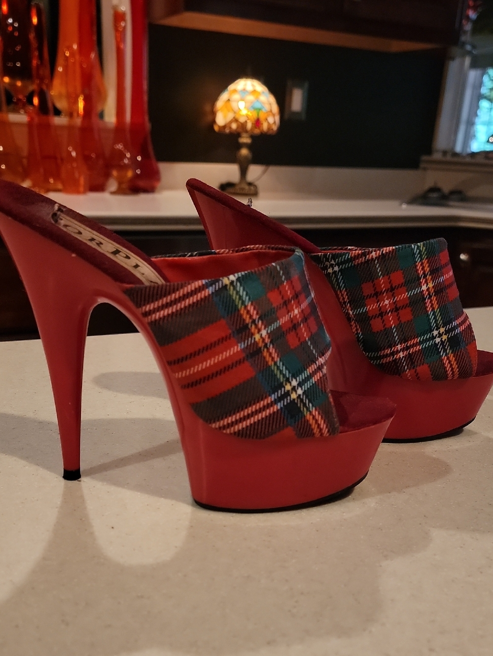 Forplay Red Plaid Platform Mule Heels Dancing Heals